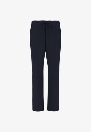 Pantaloni blu navy realizzati in morbido tessuto, dotati di una vita elasticizzata con cordino, gambe dritti e sottili dettagli di cucitura.