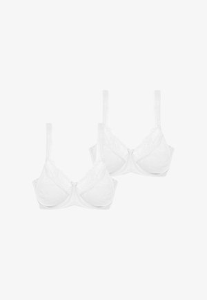 Soutiens-gorge en dentelle blanche avec bretelles réglables, présentant un motif floral délicat et un petit nœud au centre de la poitrine. Lot de deux.