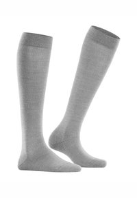 Grå knæstrømper med glat tekstur, ribbede manchetter og forstærkede tå- og hælområder for holdbarhed. Klassisk design til daglig brug.