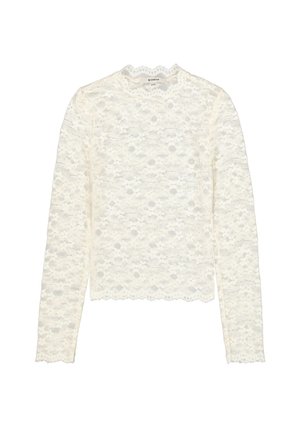 Langärmliges weißes Spitzentop mit einem wellenförmigen Ausschnitt und floralem Muster, mit einer strukturierten Gestaltung und einem kurzen Schnitt.