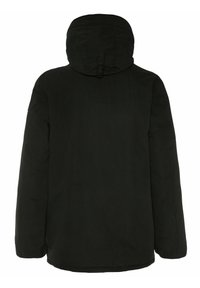 Musta huppari, jossa on pehmeä tekstuuri, löysä istuvuus ja ilman näkyvää metalliosaa. Yksinkertainen takakuvio, joka on yksivärinen.