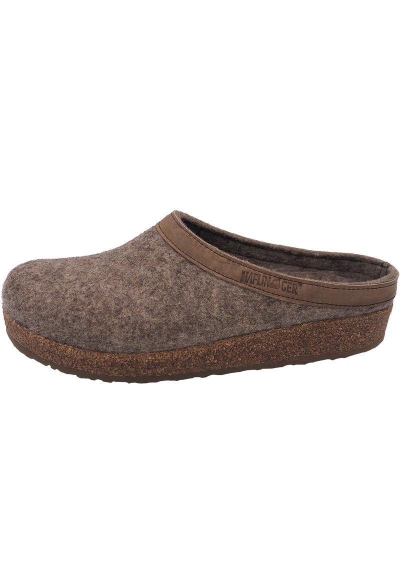 Brown felt clogs with rounded toe, cork sole, and a leather trim along the opening. Textured surface with a cozy appearance.