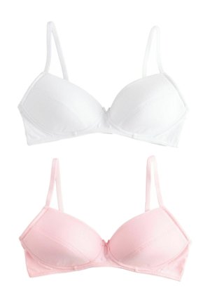 Weiße und rosa gepolsterte Bras mit verstellbaren Trägern, glatter Textur und einem schlichten Design mit einer Schleifenmitte.