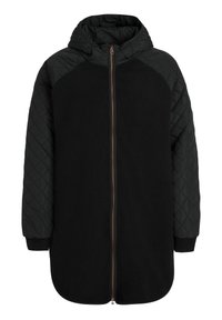 Giacca nera con cappuccio caratterizzata da un design trapuntato sulle maniche, corpo in pile, zip completa e polsini a coste. Tessuto morbido con una vestibilità rilassata.