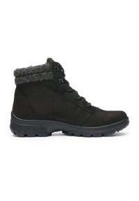 Black ankle boot with lace-up front, thick textured sole, and gray knit cuff for winter wear.