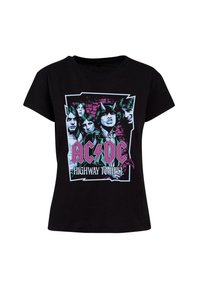 Black cotton t-shirt featuring a colorful AC/DC graphic with band members and the text "HIGHWAY TO HELL" in bold letters and lightning accents.