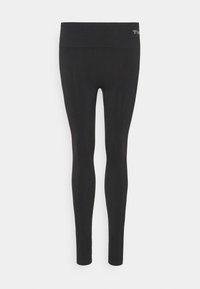 Zwarte naadloze leggings in volledige lengte met een hoge tailleband en een klein logo aan de bovenkant links.