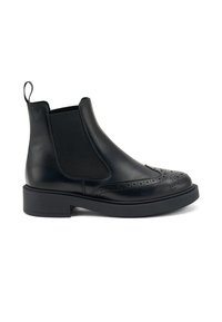 Stivali Chelsea neri in pelle con pannelli elastici laterali, dettagli brogue sulla punta e suola in gomma spessa. Linguetta sul retro per facilitarne l'indossamento.