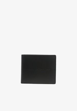 Schwarzes Lederportemonnaie mit glatter Textur, bi-Falt-Design und geprägt Logo. Verfügt über minimale Nähte und eine schlanke, einfache Form.