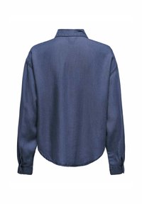 Camicia in denim, blu scuro, maniche lunghe, polsini con bottoni, colletto classico, orlo arrotondato, texture liscia, vista posteriore, dettagli di cucitura minimal.