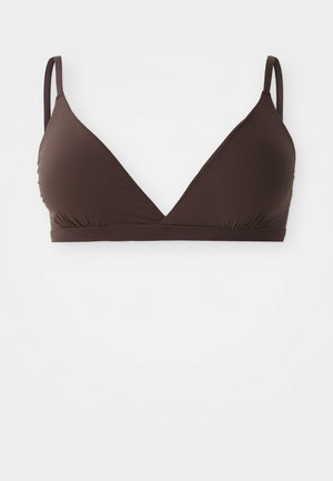 Brown triangle bralette with adjustable straps, featuring a smooth fabric texture and gathered detailing at the base for subtle shaping.