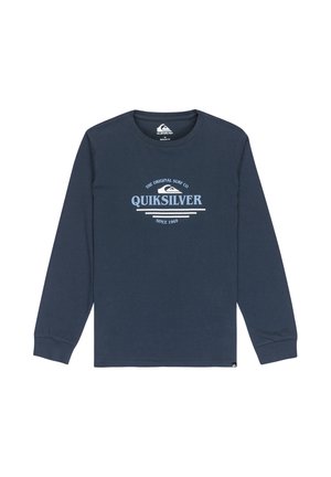 T-shirt a maniche lunghe blu navy in cotone, con un design del logo bianco centrale, scollo rotondo e polsini aderenti.