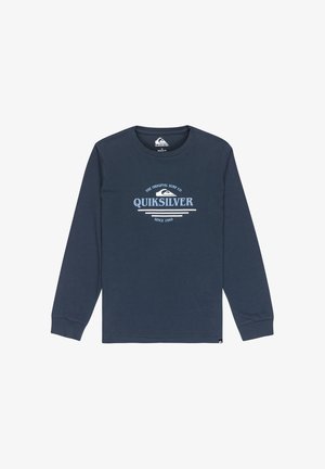 Marineblaues Langarm-T-Shirt aus Baumwolle mit einem zentralen weißen Logodesign, rundem Halsausschnitt und enganliegendenärmeln.