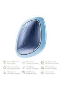 Dispositif facial bleu avec une forme ergonomique arrondie, surface intérieure courbée réfléchissante, bord extérieur texturé, et divers icônes technologiques affichées.