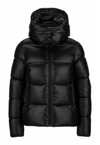 Czarna puchowa kurtka o błyszczącej fakturze, zapinana na zamek z przodu, z kapturem zapinanym na guziki. Posiada poziome pikowane sekcje i boczne kieszenie.