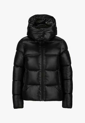 Sort dunjakke med en blank overflade, lynlås foran og hætte med knaplukning. Har vandrette quiltede sektioner og sidelommer.