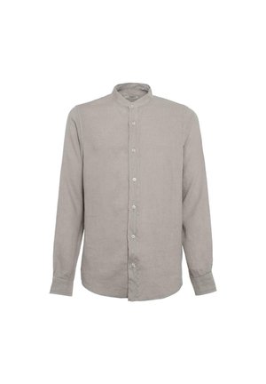 Lichtgrijze langetermijnsleeve shirt gemaakt van linnen, met een bandkraag, knoopsluiting aan de voorkant en rechte snit. Zachte textuur met een gladde afwerking.