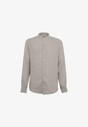 Lichtgrijze langetermijnsleeve shirt gemaakt van linnen, met een bandkraag, knoopsluiting aan de voorkant en rechte snit. Zachte textuur met een gladde afwerking.