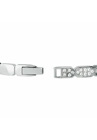 Braccialetto d'argento con design testurizzato, anelli lucidi e una sezione decorata con cristalli trasparenti circolari per un dettaglio in più.