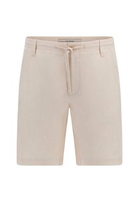 Light beige shorts made of soft fabric, featuring an elastic waistband with a drawstring, side pockets, and a relaxed fit.
