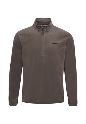 Brauner Fleece-Pullover mit langen Ärmeln, Reißverschluss bis zur Brust und Stehkragen, mit kleinem "hummel"-Logo auf der linken Brustseite.