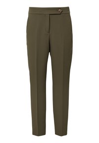 Olive zielone spodnie na miarę wykonane z gładkiej tkaniny. Posiadają przednie zapięcie na guzik, szlufki na pasek oraz dwie boczne kieszenie o prostym kroju.