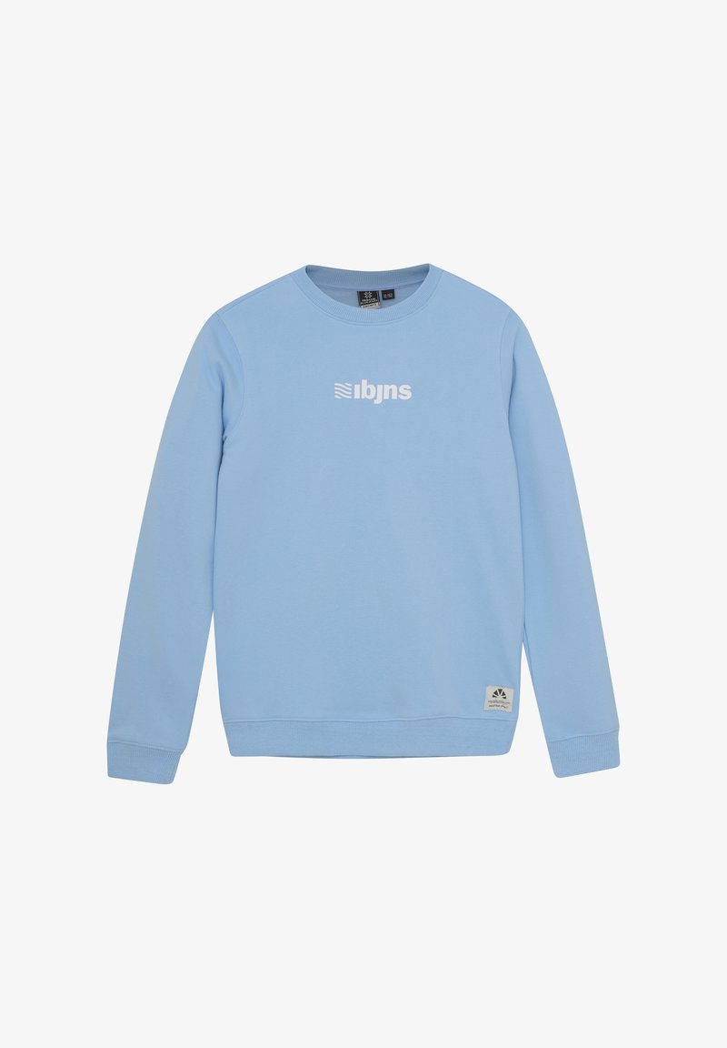 Helles blaues Sweatshirt mit Rundhalsausschnitt, langen Ärmeln, gerippten Bündchen und Saum. Enthält ein weißes Logo auf der Brust und ein kleines Etikett am Saum.