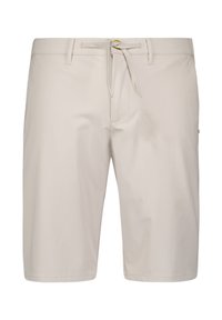 Beige shorts van lichtgewicht stof, met een trekkoord in de taille, een vlakke voorkant en zijzakken. Zachte textuur, knielange uitvoering.