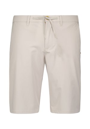 Shorts beiges en tissu léger, avec une taille à cordon de serrage, un devant plat et des poches latérales. Texture lisse, design arrivant au genou.