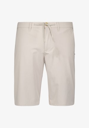 Shorts beiges en tissu léger, avec une taille à cordon de serrage, un devant plat et des poches latérales. Texture lisse, design arrivant au genou.