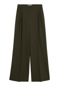 Pantalon large couleur olive foncé avec discrètes rayures verticales, plis à l'avant, passants de ceinture et fermeture avant dissimulée.