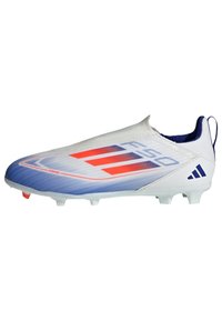 White football boot with blue and red accents. Sleek design, textured upper, lightweight construction, and molded studs for traction.