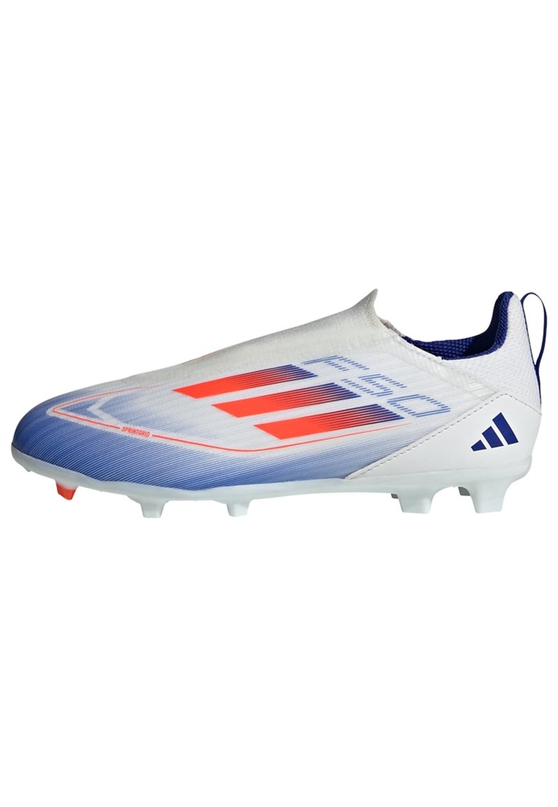 White football boot with blue and red accents. Sleek design, textured upper, lightweight construction, and molded studs for traction.