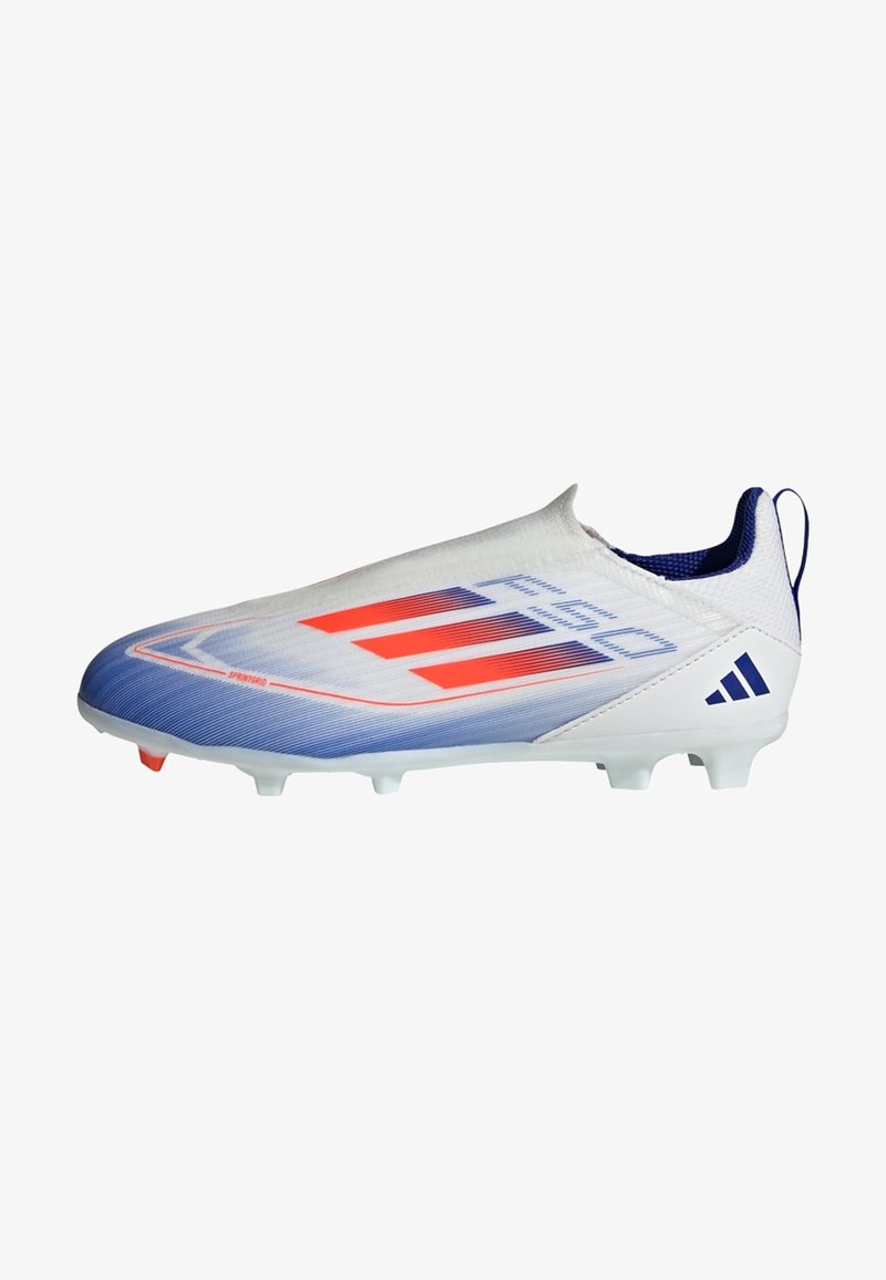 White football boot with blue and red accents. Sleek design, textured upper, lightweight construction, and molded studs for traction.