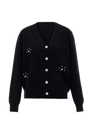 Černý cardigan s výstřihem do V, zdobený perlovými akcenty a knoflíky, texturovaná látka a dvě dekorativní kapsy s perlovými detaily.
