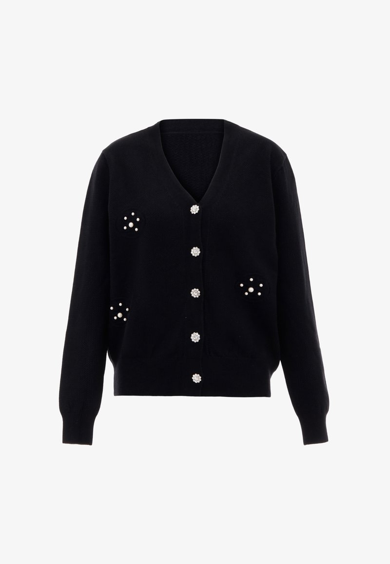 Fekete kardigán V-nyakkal, gyöngyös díszítéssel és gombokkal, texturált anyagból készült, valamint két dekoratív zsebbel, gyöngyös részletezéssel.