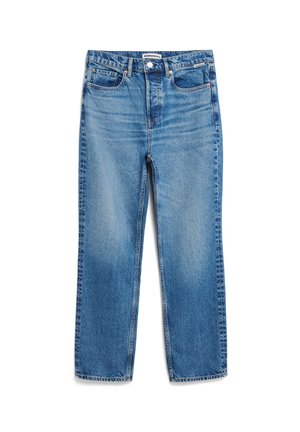 Blauwe spijkerbroek met een rechte pasvorm, vervaagd over het hele oppervlak, vijf-pocket ontwerp en een knoopsluiting. Afgewerkt met stikseldetails.