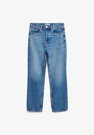 Blue denim jeans with a straight-leg cut, faded throughout, five-pocket design, and a button closure. Finished with topstitching details.