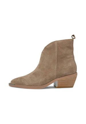 Stivale alla caviglia in suede marrone con punta affusolata e tacco a blocco impilato. Presenta un anello sul retro per facilitarne l'indossamento.