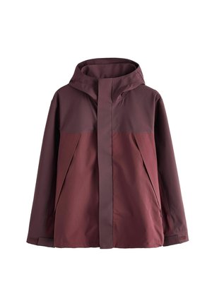 Jachetă impermeabilă bicolor burgundă, cu glugă, fermoar frontal acoperit de o clapetă, mâneci lungi cu mansete ajustabile și buzunare laterale.