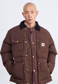Chaqueta acolchada marrón con cuello de corduroy negro, herrajes dorados, dos bolsillos frontales y una pequeña placa con el logo en el área del pecho izquierdo.