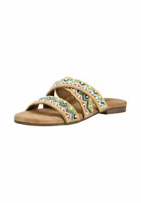Flad sandal, der glider på, med to brede remme dekoreret med farverige perler og zigzag-mønstre på en tan ruskindssål.