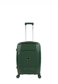 Maleta rígida de color verde oscuro, con un diseño de malla texturizada, cuatro ruedas suaves y un asa telescópica.