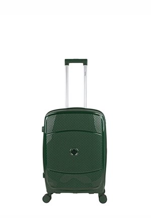 Maleta rígida de color verde oscuro, con un diseño de malla texturizada, cuatro ruedas suaves y un asa telescópica.