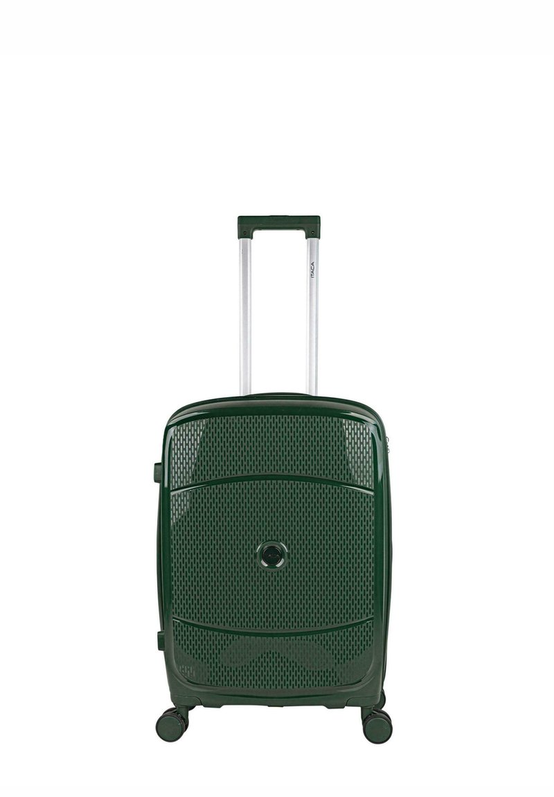 Maleta rígida de color verde oscuro, con un diseño de malla texturizada, cuatro ruedas suaves y un asa telescópica.