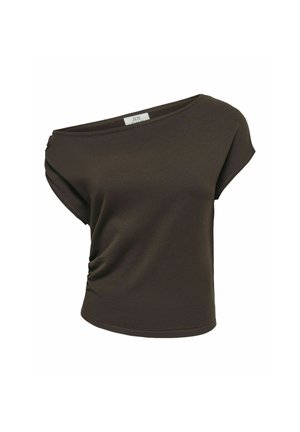 Dunkelbraunes Kurzarm-Top mit asymmetrischem Off-Shoulder-Ausschnitt und leicht gerafftem Detail auf einer Seite, auf schlichtem Hintergrund dargestellt.