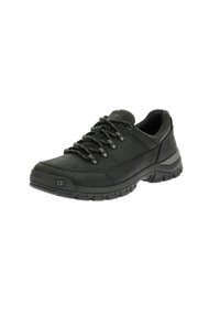 Scarpe nere in suede con lacci, superficie texturizzata, punta rinforzata e suola in gomma con profonde scanalature per una buona aderenza. Logo CAT sul lato.