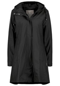 Imperméable noir mi-long avec capuche, fermeture éclair avant, boutons-pression et poches latérales, présenté sur fond blanc.