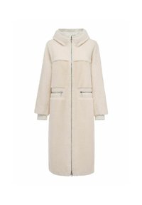 Płaszcz długi z polaru w jasnym beżu. Posiada zamek z przodu, kaptur, dwie przednie kieszenie oraz ściągacze przy mankietach. Miękka tekstura z przytulnym wykończeniem.