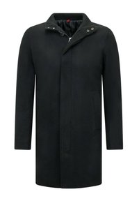 Zwarte mid-lange wollen herenjassen met een opstaande kraag, een verborgen rits aan de voorkant, drukknopen en zijzakken.